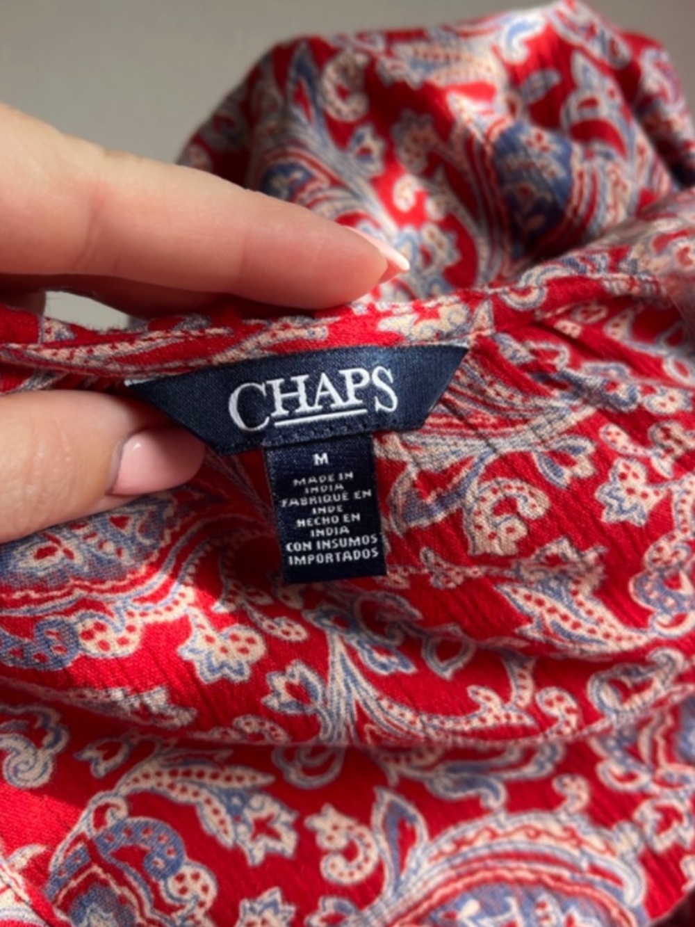 Chaps Boho Paisley Ruffle Neck Peasant Blouse Red Blue Gauze Top - Picture 7 of 9